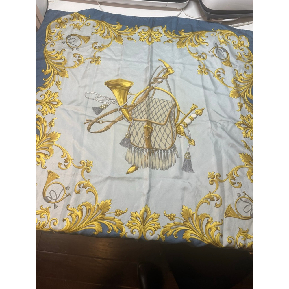 Women's Celine Blue Gold Hunting Horn Silk Scarf One Size